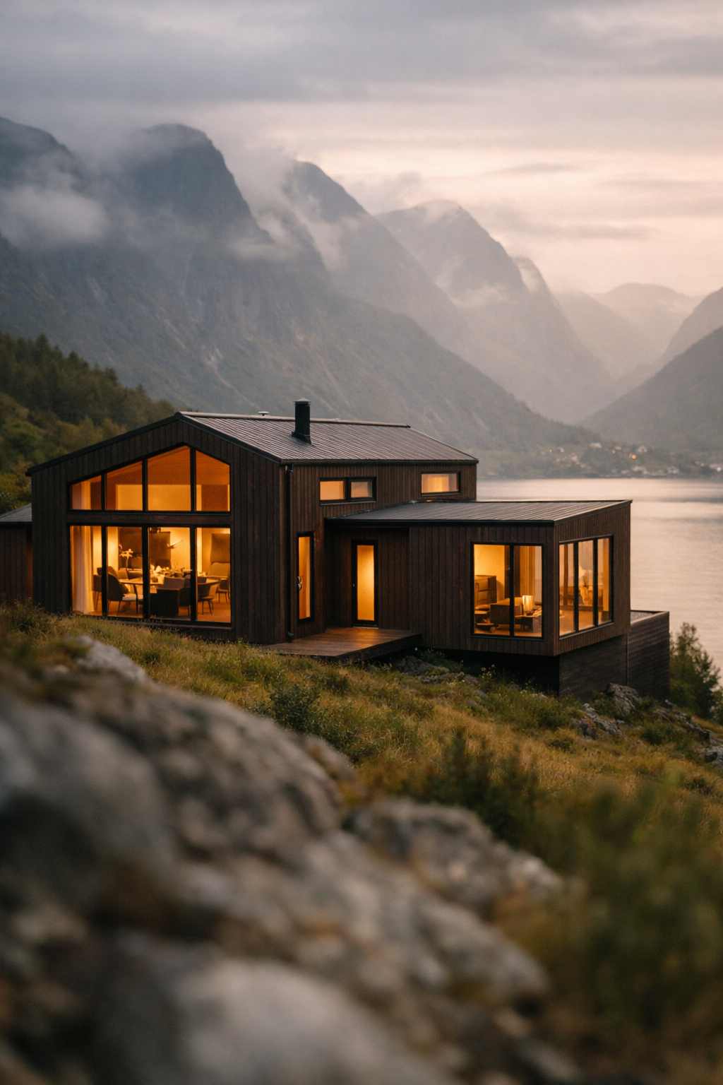 Moderne norsk hus ved fjorden, omgitt av fjell i gylden kveldssol